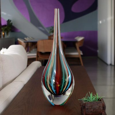 Vase aus mundgeblasenem Kunstglas, 'Circus' - Murano inspirierte mundgeblasene brasilianische Teardrop Kunstglas Vase