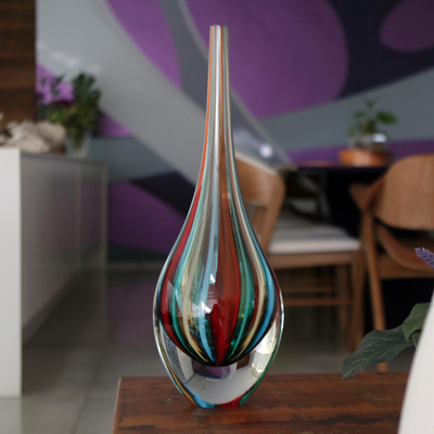 Vase aus mundgeblasenem Kunstglas, 'Circus' - Murano inspirierte mundgeblasene brasilianische Teardrop Kunstglas Vase