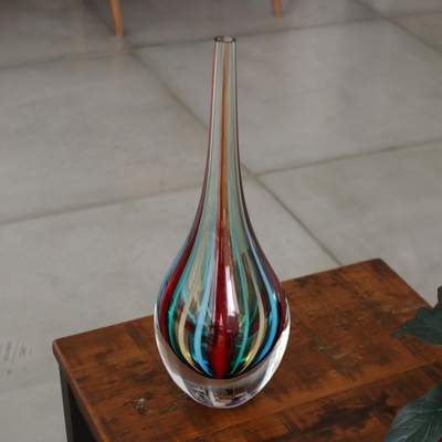 Vase aus mundgeblasenem Kunstglas, 'Circus' - Murano inspirierte mundgeblasene brasilianische Teardrop Kunstglas Vase