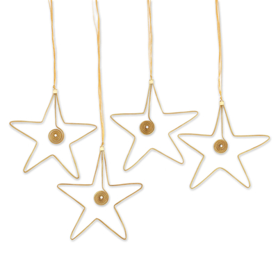 Golden grass ornaments, 'Golden Stars' (set of 4) - Golden Grass and Rhinestone Star Ornaments (Set of 4)