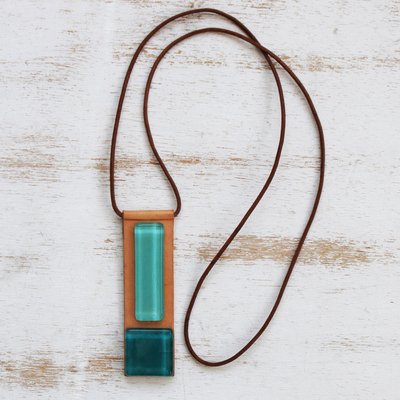 Art glass and leather pendant necklace, 'Pieces of the Sea' - Fused Glass and Leather Necklace