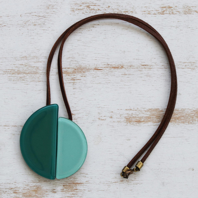 Art glass and leather pendant necklace, 'Smooth Seas' - Azure and Sea Green Glass Pendant Necklace