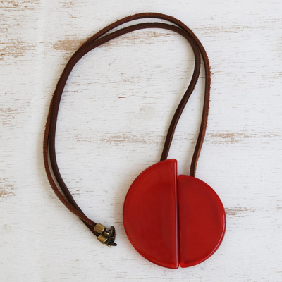 Art glass and leather pendant necklace, 'Scarlet Planes' - Art Glass Pendant Necklace on Leather Cord