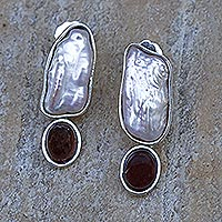 Cultured keshi pearl and garnet drop earrings, 'Cherry Pavlova'