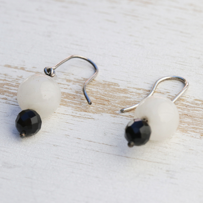 Agate and onyx dangle earrings, 'Tuxedo' - Onyx and Agate Beaded Earrings