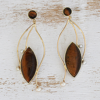 Gold tigers eye and cultured pearl dangle earrings, Unleashed