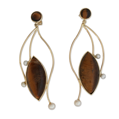 Gold tiger's eye and cultured pearl dangle earrings, 'Unleashed' - 18k Gold and Tiger's Eye Statement Earrings