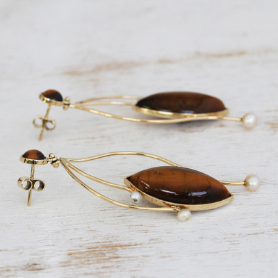 Gold tiger's eye and cultured pearl dangle earrings, 'Unleashed' - 18k Gold and Tiger's Eye Statement Earrings