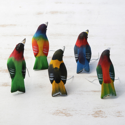 Wood ornaments, 'Festive Flock' (set of 5) - Hand Carved and Painted Bird Ornaments (Set of 5)