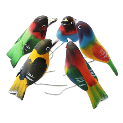 Adornos de madera, (juego de 5) - Adornos de pájaros tallados y pintados a mano (juego de 5)