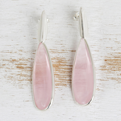 Rose quartz drop earrings, 'Pink Gemstone Mystique' - Brazilian Handcrafted Rose Quartz Drop Earrings