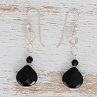 Quartz and agate dangle earrings, 'Clarity and Shadow' - Black Agate and Crystal Quartz Earrings from Brazil