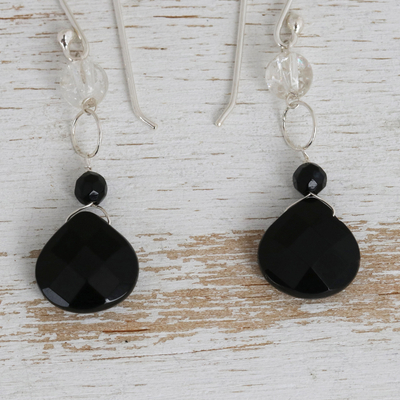 Quartz and agate dangle earrings, 'Clarity and Shadow' - Black Agate and Crystal Quartz Earrings from Brazil
