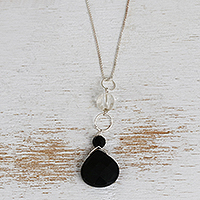 Quartz and agate Y necklace, 'Clarity and Shadow' - Black Agate and Crystal Quartz Necklace from Brazil