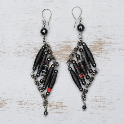 Hematite and recycled paper dangle earrings, 'Black Diamond' - Recycled Magazine and Hematite Earrings