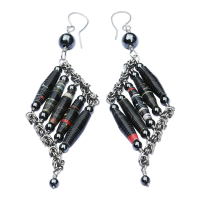 Hematite and recycled paper dangle earrings, 'Black Diamond' - Recycled Magazine and Hematite Earrings