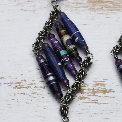 Amethyst and recycled paper dangle earrings, 'Purple Diamond' - Handcrafted Amethyst and Recycled Paper Earrings
