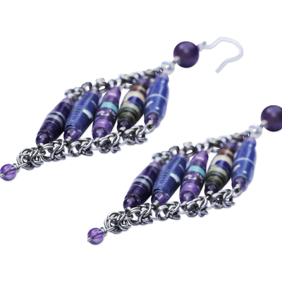 Amethyst and recycled paper dangle earrings, 'Purple Diamond' - Handcrafted Amethyst and Recycled Paper Earrings