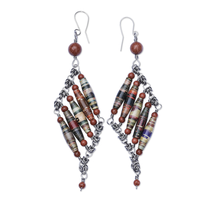 Sunstone and recycled paper dangle earrings, 'Russet Diamond' - Sunstone and Recycled Paper Earrings