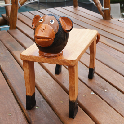 Decorative wood bench, 'Brown Monkey' - Monkey Decorative Wood Bench Accent