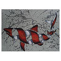 Impresión giclée sobre lienzo, 'Tiburón' - Surrealista tiburón naranja sobre gris Impresión giclée sobre lienzo