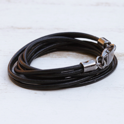 Leather wrap bracelet, 'Double Down' - Modern Black Leather Cord Wrap Bracelet