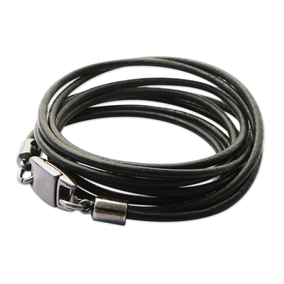 Leather wrap bracelet, 'Double Down' - Modern Black Leather Cord Wrap Bracelet