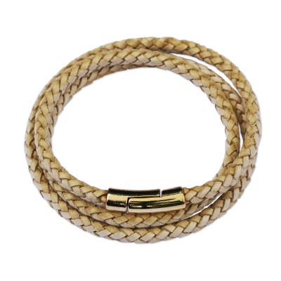 Gold-accented leather wrap bracelet, 'Golden Fortune' - Natural Leather and 18k Gold Plated Wrap Bracelet