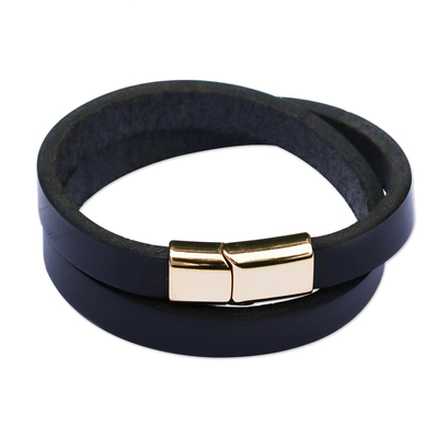 Black Leather Wrap Bracelet with Golden Clasp from Brazil