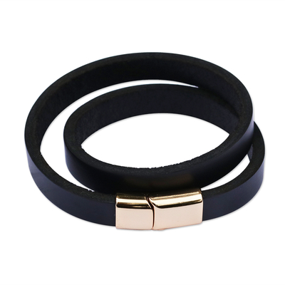 Leather wrap bracelet, 'Black Midnight Paths' - Black Leather Wrap Bracelet with Golden Clasp from Brazil