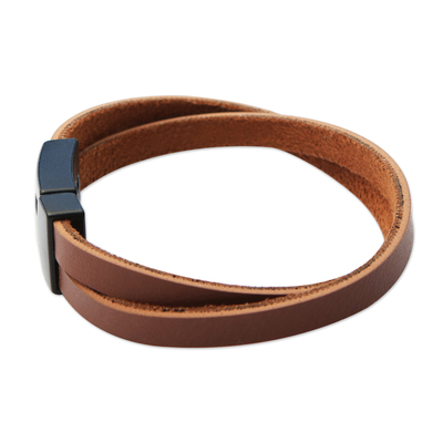 Leather wrap bracelet, 'Brown and Black Overlap' - Men's Black Clasp Brown Leather Modern Wrap Bracelet