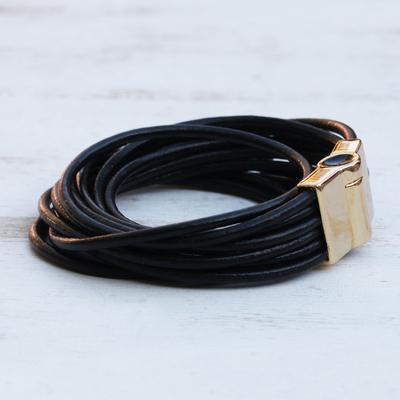 Leather cord bracelet, 'Golden Lunar Rotations' - Brazilian Black Leather Cord Bracelet w/ Golden Clasp