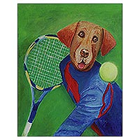 'Nadal' - Pintura de técnica mixta de un perro jugando al tenis de Brasil