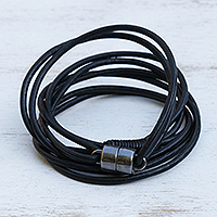 Leather cord wrap bracelet, 'Spatial Spin' - Modern Black & Graphite Leather Cord Wrap Bracelet