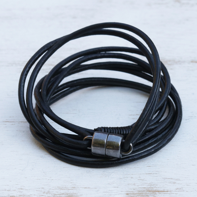 Pulsera enrollada con cordón de cuero - Pulsera moderna de cordón de cuero negro y grafito
