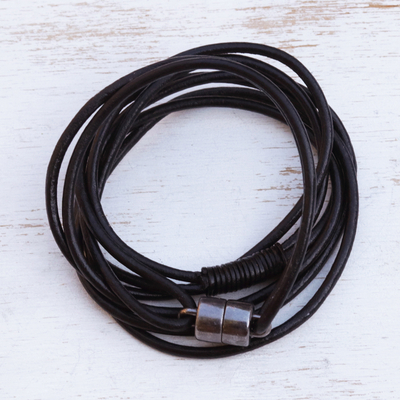 Leather cord wrap bracelet, 'Spatial Spin' - Modern Black & Graphite Leather Cord Wrap Bracelet