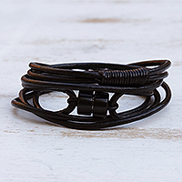 Leather wrap bracelet, 'Double Whammy' - Artisan Crafted Leather Wrap Bracelet in Black