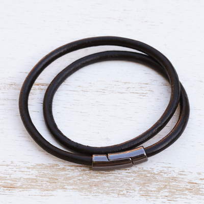 Leather cord wrap bracelet, 'Black and Grey Urban Confidence' - Brazilian Black & Graphite Leather Cord Wrap Bracelet