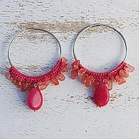 Rose quartz and cherry quartz hoop earrings, 'Cherry Crochet' - Brazilian Crochet Cherry & Rose Quartz Silver Hoop Earrings