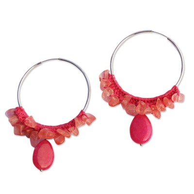 Brazilian Crochet Cherry & Rose Quartz Silver Hoop Earrings