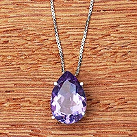 Rhodium plated amethyst pendant necklace, 'Love Drop' - Brazilian Amethyst and Rhodium Plated Silver Necklace