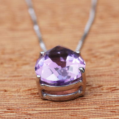 Rhodium plated amethyst pendant necklace, 'Love Drop' - Brazilian Amethyst and Rhodium Plated Silver Necklace