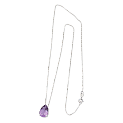 Rhodium plated amethyst pendant necklace, 'Love Drop' - Brazilian Amethyst and Rhodium Plated Silver Necklace
