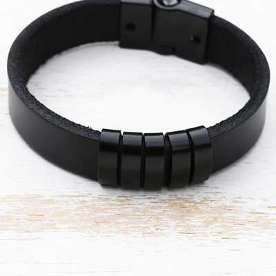 Leather wristband bracelet, 'Black Planets, Black Universe' - Modern Black Leather Wristband Bracelet from Brazil