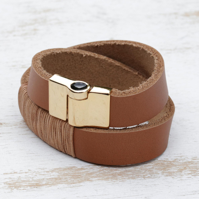 Gold accented leather wrap bracelet, 'Rio Rustic' - Brazilian Leather Wrap Bracelet in Saddle Brown