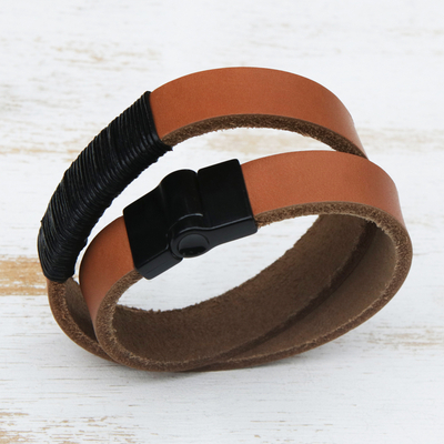 Leather wrap bracelet, 'Ipanema Sunset' - Brown Leather Wrap Bracelet with Magnetic Clasp