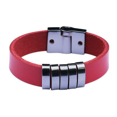 Leather wristband bracelet, 'Grey Planets, Red Universe' - Modern Red Leather Wristband Bracelet from Brazil