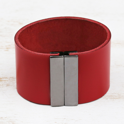 Leather wristband bracelet, 'Crimson Samba' - Wide Red Leather Wristband  Bracelet from Brazil