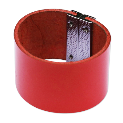 Leather wristband bracelet, 'Crimson Samba' - Wide Red Leather Wristband  Bracelet from Brazil