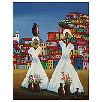 'Bahia Women with Vases and Flowers' - Signed Naif Painting of Brazilian Women with Flowers